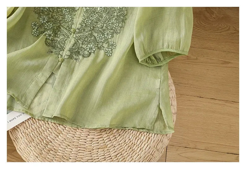 Vintage Relaxed Blouse with Floral Lace Embroidery - detail view