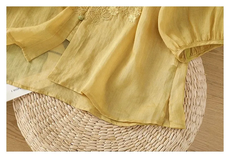 Vintage Relaxed Blouse with Floral Lace Embroidery - detail view