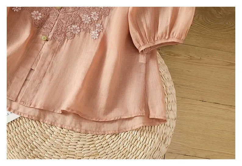 Vintage Relaxed Blouse with Floral Lace Embroidery - detail view