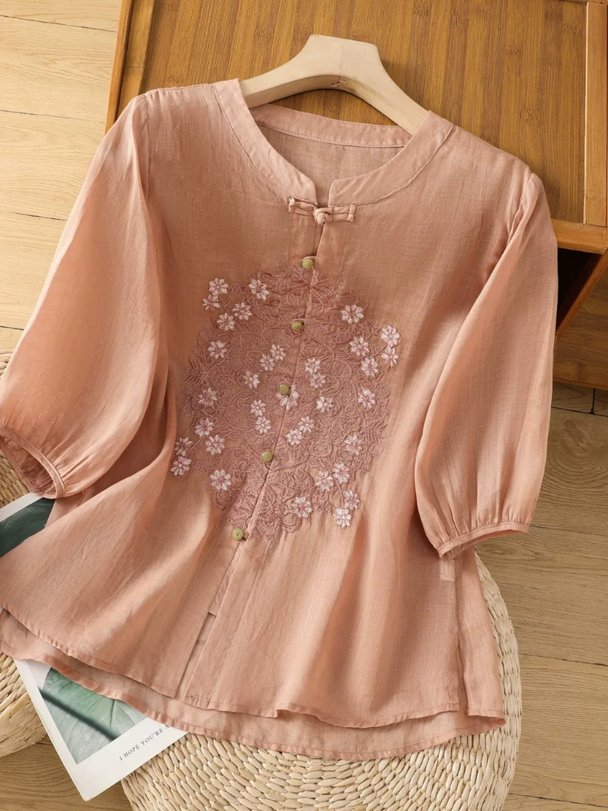 Vintage Relaxed Blouse with Floral Lace Embroidery - product view view