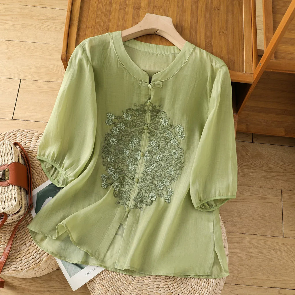 Vintage Relaxed Blouse with Floral Lace Embroidery - product view view