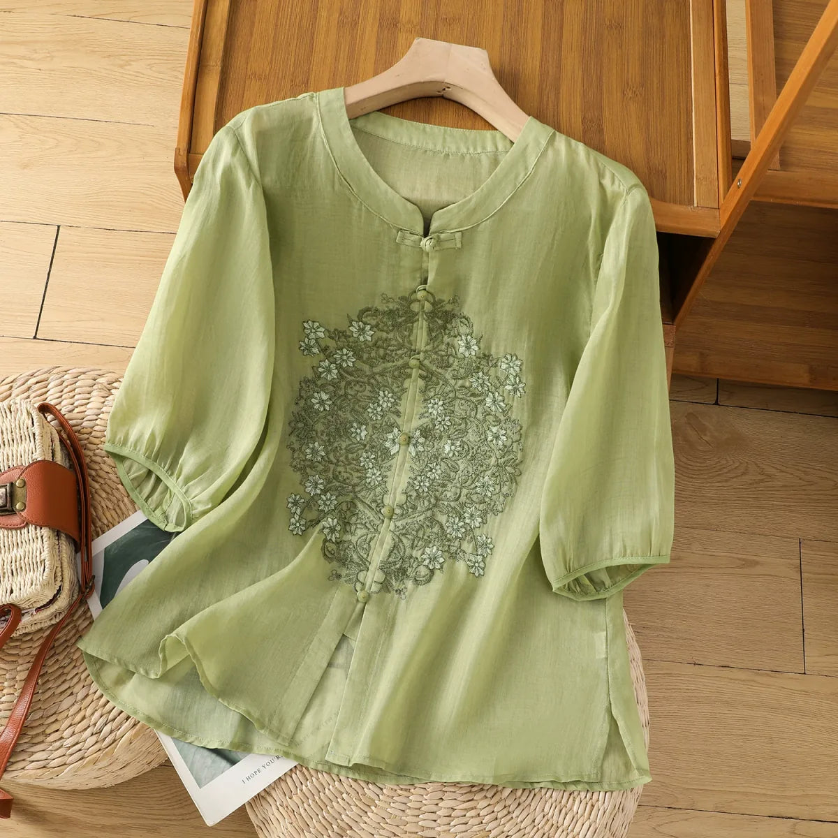 Vintage Relaxed Blouse with Floral Lace Embroidery - product view view