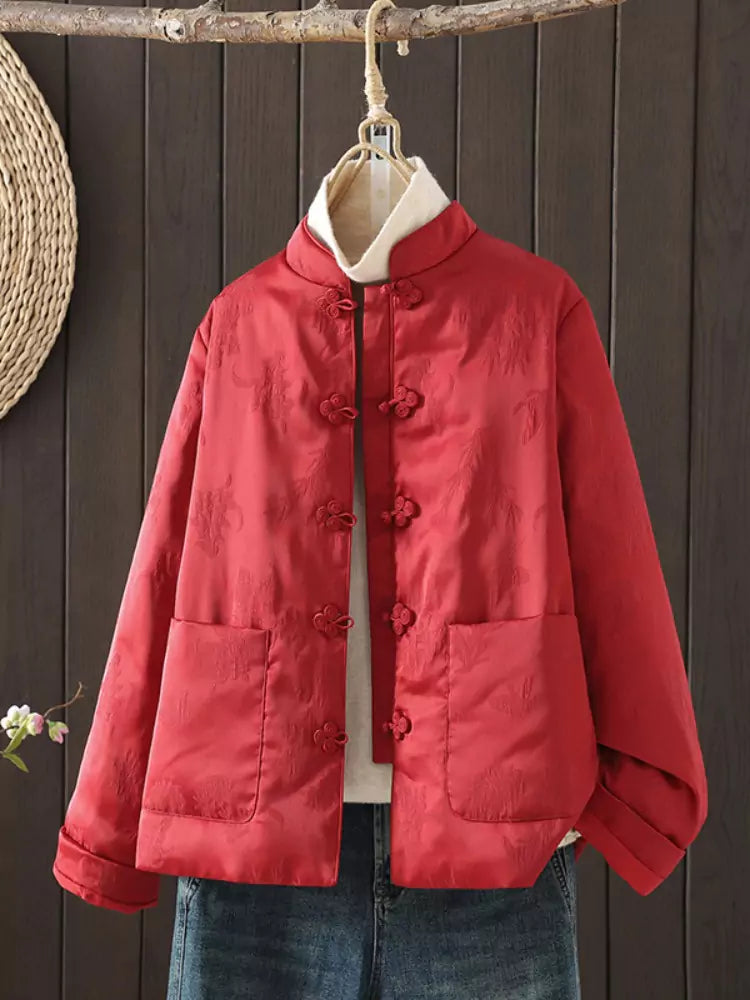 Vintage Red  Chinese-style Satin Jacquard Padded Coat with Stand Collar