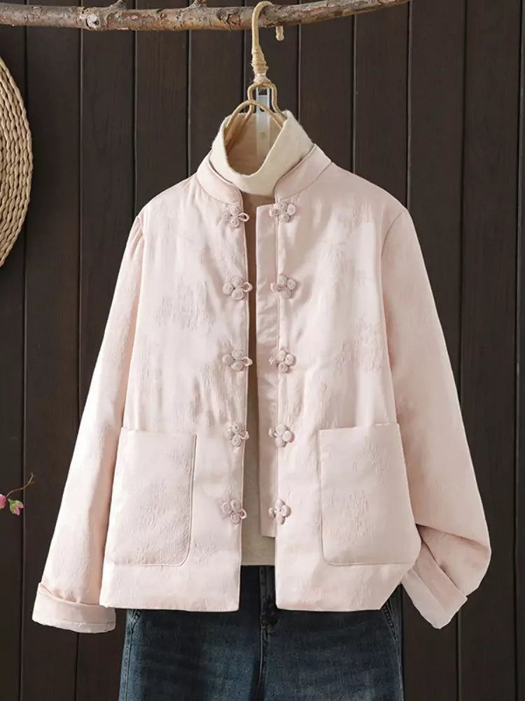 Vintage Red  Chinese-style Satin Jacquard Padded Coat with Stand Collar