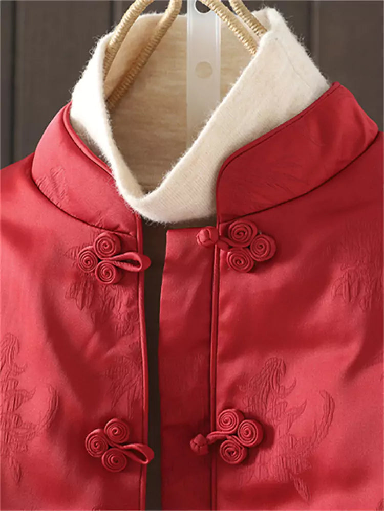 Vintage Red  Chinese-style Satin Jacquard Padded Coat with Stand Collar