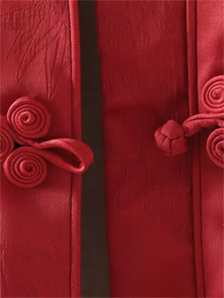 Vintage Red  Chinese-style Satin Jacquard Padded Coat with Stand Collar