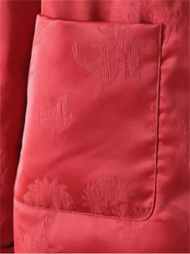 Vintage Red  Chinese-style Satin Jacquard Padded Coat with Stand Collar