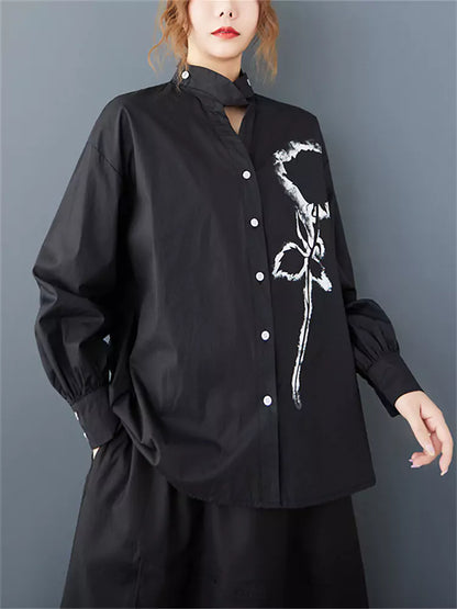 Vintage-Bluse mit Rosenmuster, V-Ausschnitt und langen Ärmeln