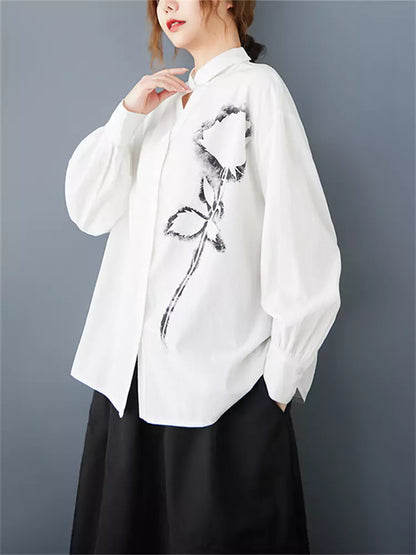 Vintage-Bluse mit Rosenmuster, V-Ausschnitt und langen Ärmeln