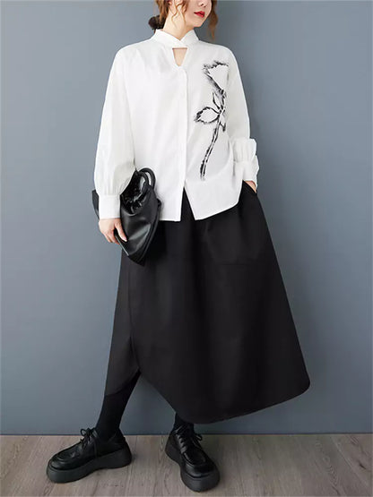 Vintage-Bluse mit Rosenmuster, V-Ausschnitt und langen Ärmeln