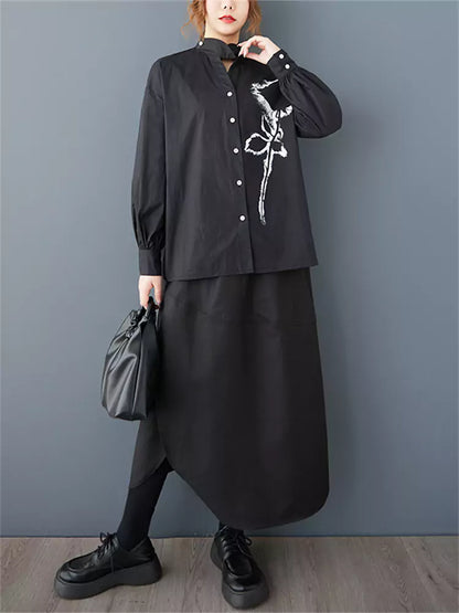 Vintage-Bluse mit Rosenmuster, V-Ausschnitt und langen Ärmeln