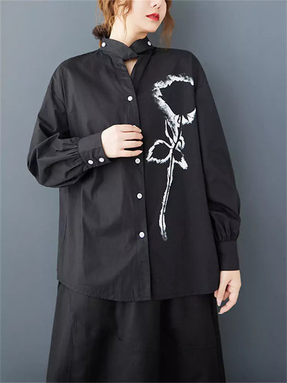 Vintage-Bluse mit Rosenmuster, V-Ausschnitt und langen Ärmeln