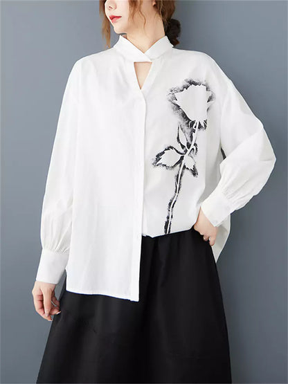 Vintage-Bluse mit Rosenmuster, V-Ausschnitt und langen Ärmeln