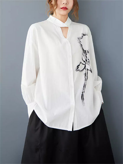 Vintage-Bluse mit Rosenmuster, V-Ausschnitt und langen Ärmeln