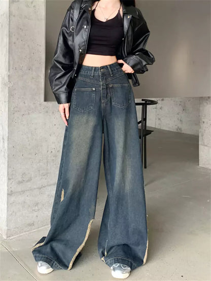 Vaqueros de cintura alta y pierna ancha de estilo urbano vintage