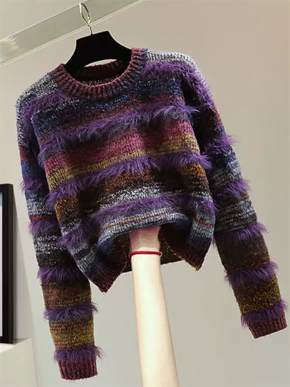 Vintage Striped Round Neck Mohair Cropped Sweater
