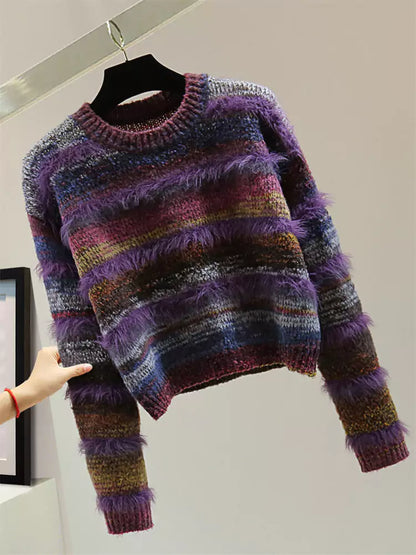 Vintage Striped Round Neck Mohair Cropped Sweater