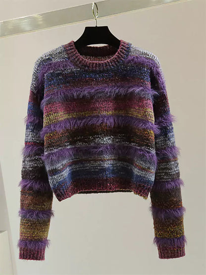 Vintage Striped Round Neck Mohair Cropped Sweater