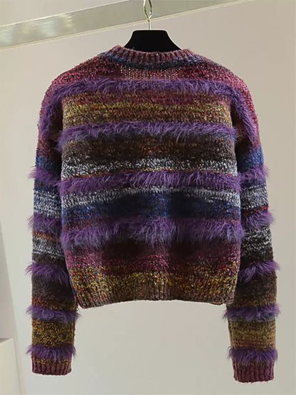 Vintage Striped Round Neck Mohair Cropped Sweater