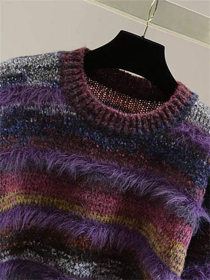 Vintage Striped Round Neck Mohair Cropped Sweater