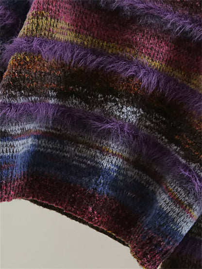 Vintage Striped Round Neck Mohair Cropped Sweater