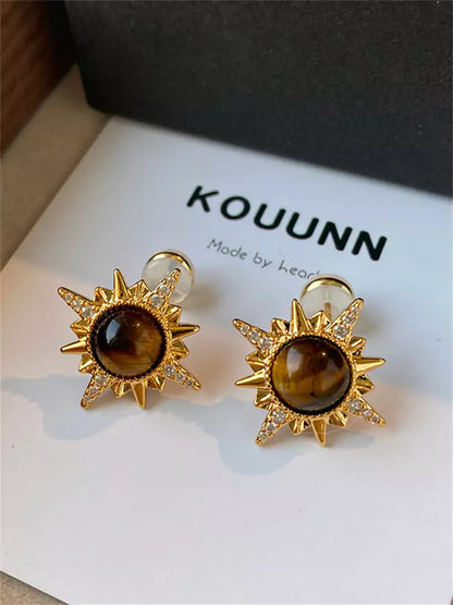 Tiger Eye and Gold Sunflower Earrings