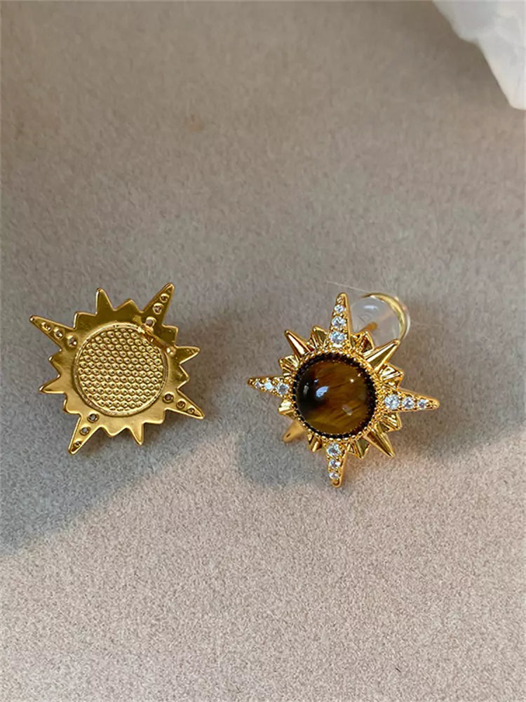 Pendientes vintage de ojo de tigre y girasol dorado