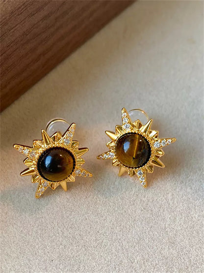 Tiger Eye and Gold Sunflower Earrings