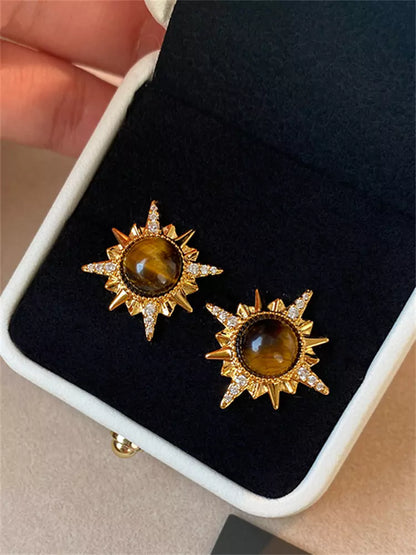Tiger Eye and Gold Sunflower Earrings