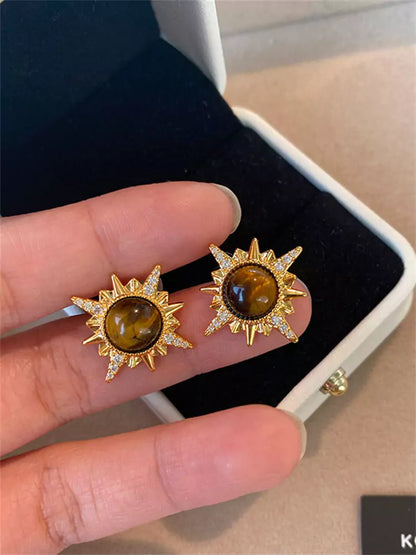 Tiger Eye and Gold Sunflower Earrings