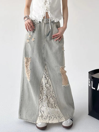Vintage Washed Lace Patch A-line Denim Skirt