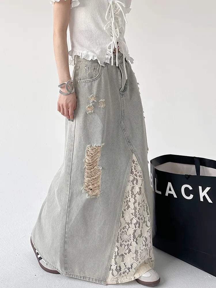 Vintage Washed Lace Patch A-line Denim Skirt