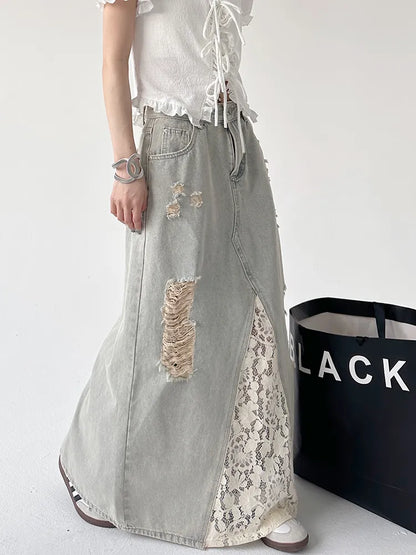 Vintage-Jeansrock mit gewaschenen Spitzenapplikationen in A-Linie