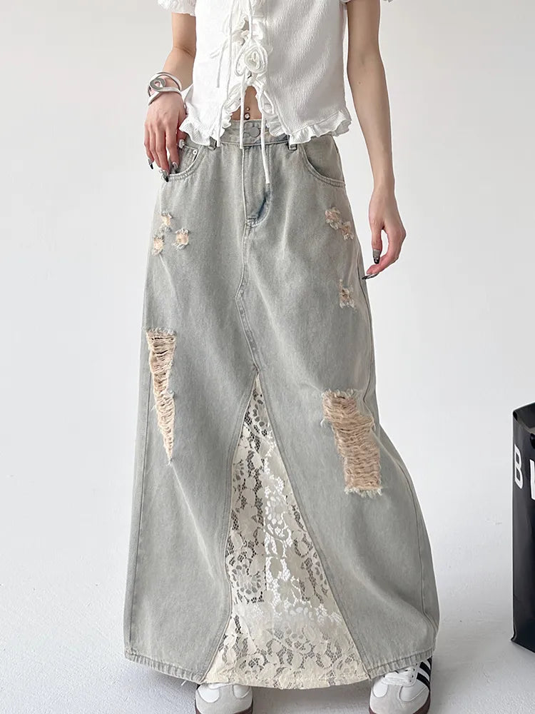 Vintage Washed Lace Patch A-line Denim Skirt