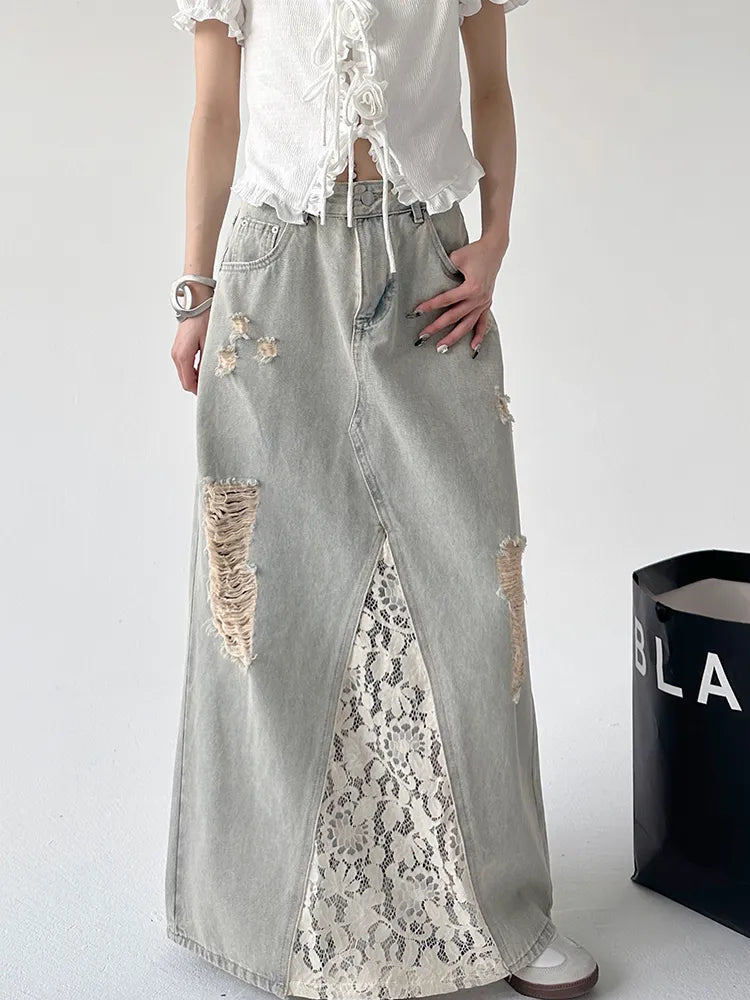 Vintage Washed Lace Patch A-line Denim Skirt