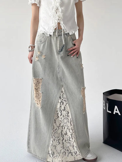 Vintage-Jeansrock mit gewaschenen Spitzenapplikationen in A-Linie