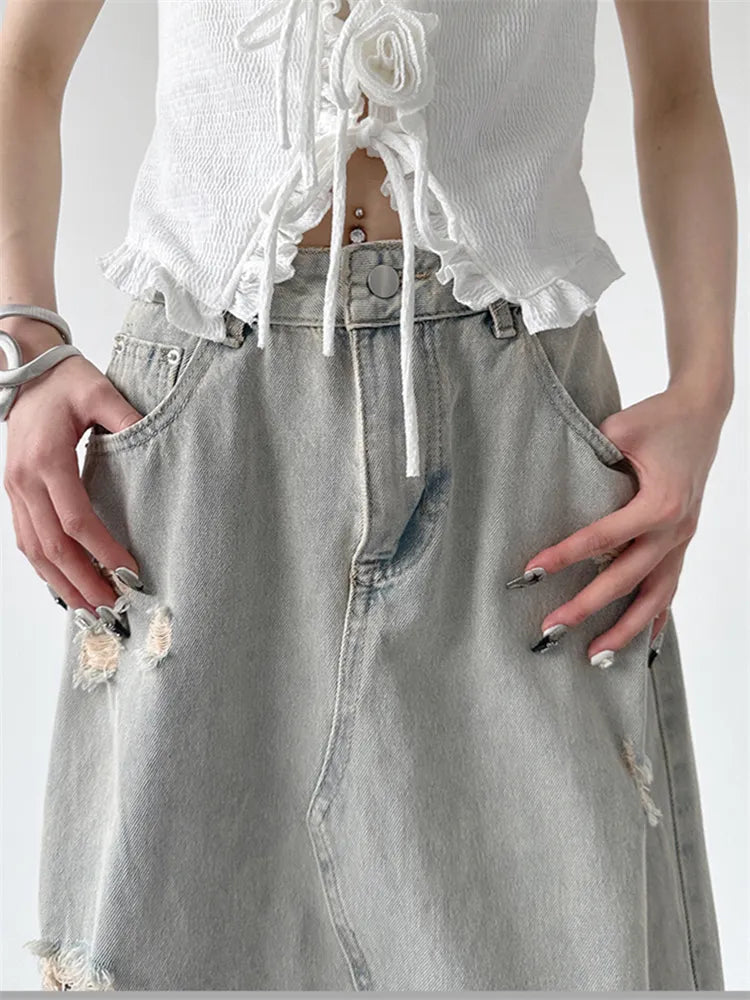 Vintage Washed Lace Patch A-line Denim Skirt