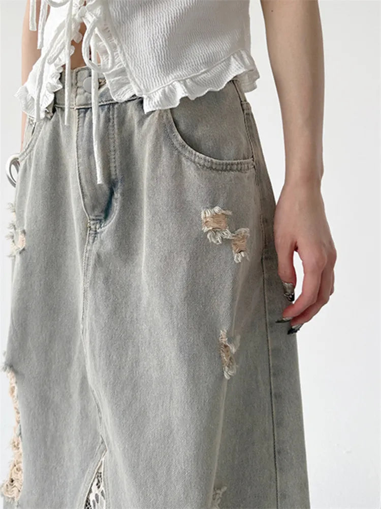 Vintage Washed Lace Patch A-line Denim Skirt
