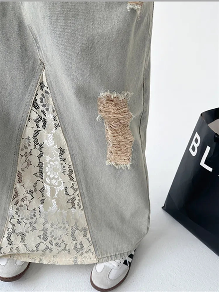 Vintage Washed Lace Patch A-line Denim Skirt