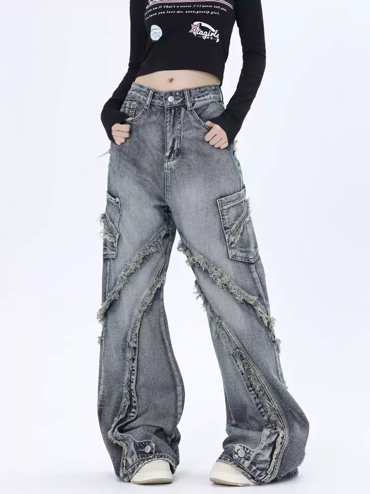 Vintage-Jeans mit ausgewaschenem Patchwork-Design und ausgefranstem, geradem Bein