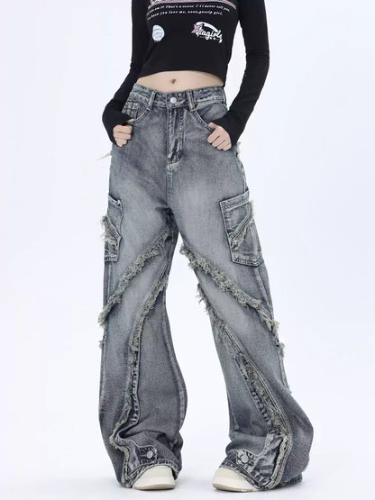 Vintage-Jeans mit ausgewaschenem Patchwork-Design und ausgefranstem, geradem Bein