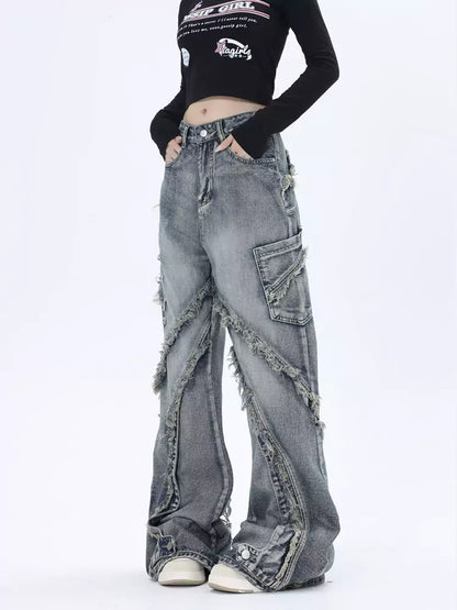 Vintage-Jeans mit ausgewaschenem Patchwork-Design und ausgefranstem, geradem Bein