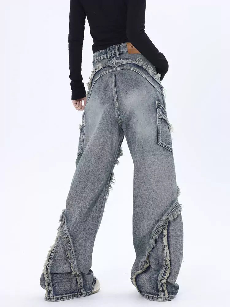 Vintage-Jeans mit ausgewaschenem Patchwork-Design und ausgefranstem, geradem Bein