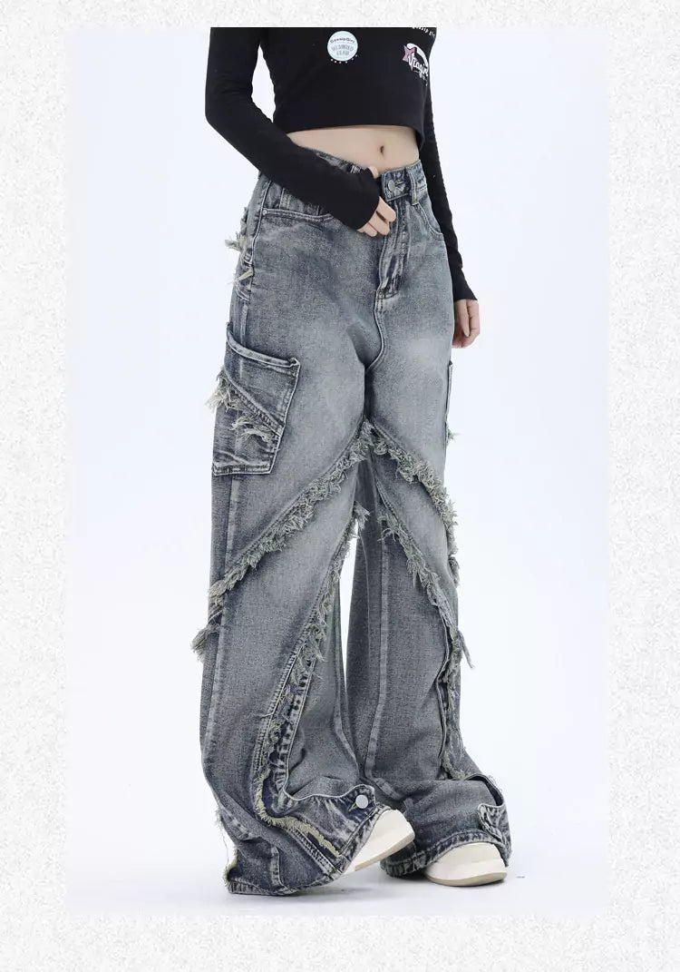 Vintage-Jeans mit ausgewaschenem Patchwork-Design und ausgefranstem, geradem Bein