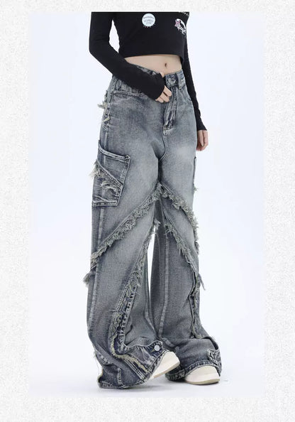 Vintage-Jeans mit ausgewaschenem Patchwork-Design und ausgefranstem, geradem Bein