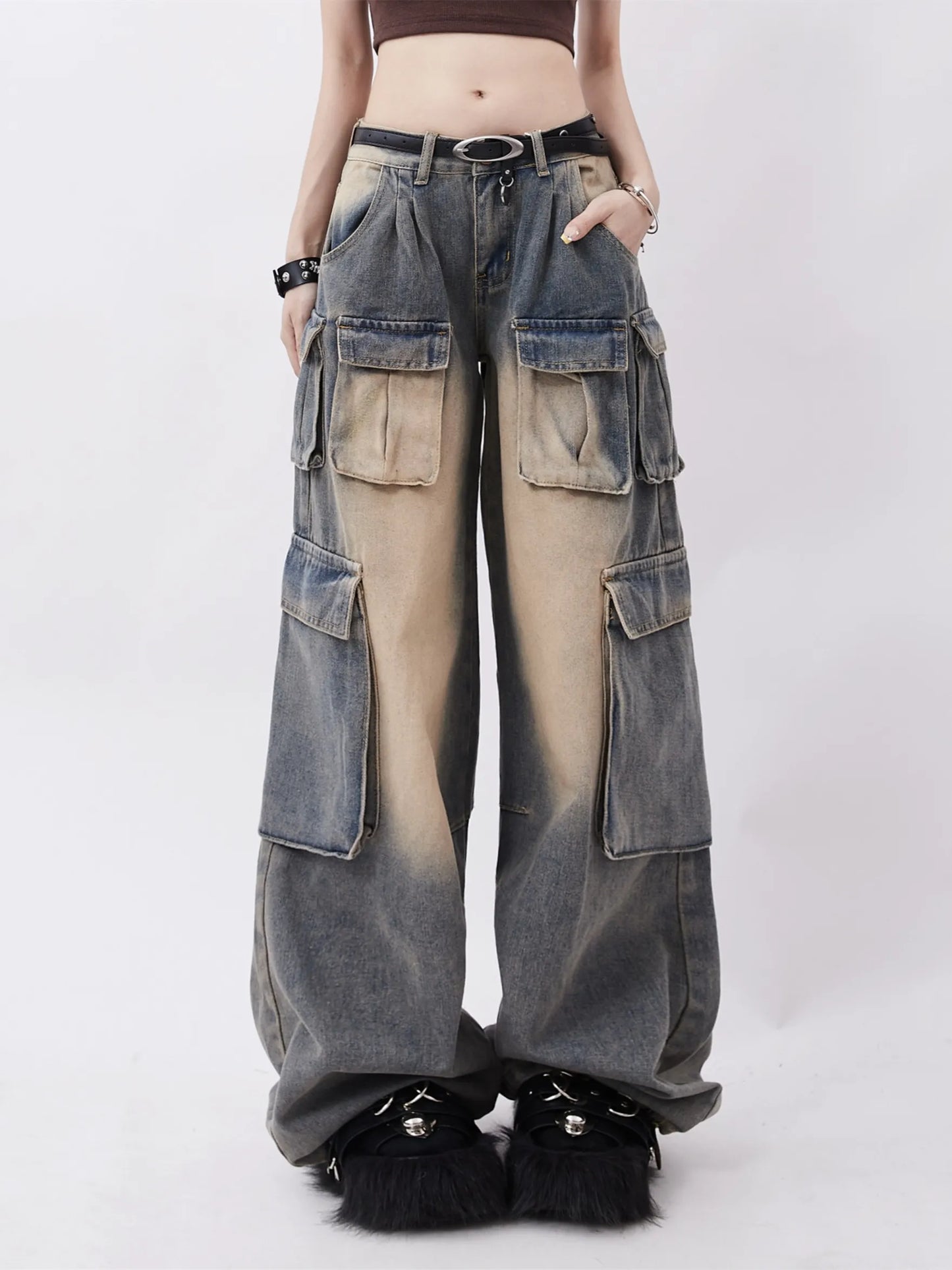 Vintage Washed Pocket Baggy Straight Leg Jeans