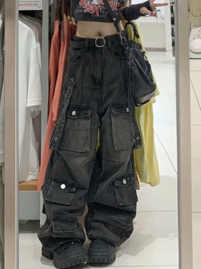 Vintage Washed Pocket Strappy Baggy Cargo Jeans