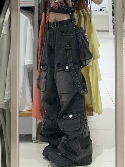 Vintage-Jeans mit gewaschenen Taschen, Riemchen und Baggy-Cargo-Stil
