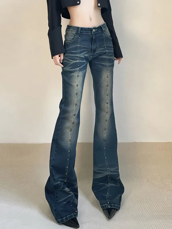 Vintage Washed Rivet Flare Jeans