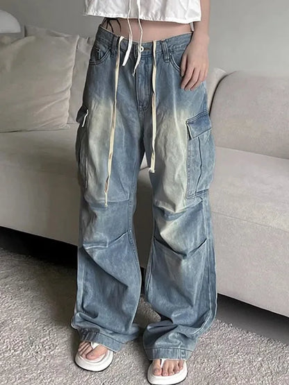 Vintage Washed Ruched Baggy Cargo Jeans